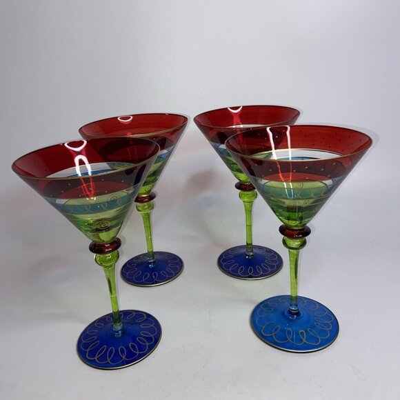 Pier 1 Multicolor Hand Painted Romania Martini Glasses Barware Set of 4